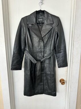 NWOT Badgley Mischka Black Leather Trench w/Belt Womens S